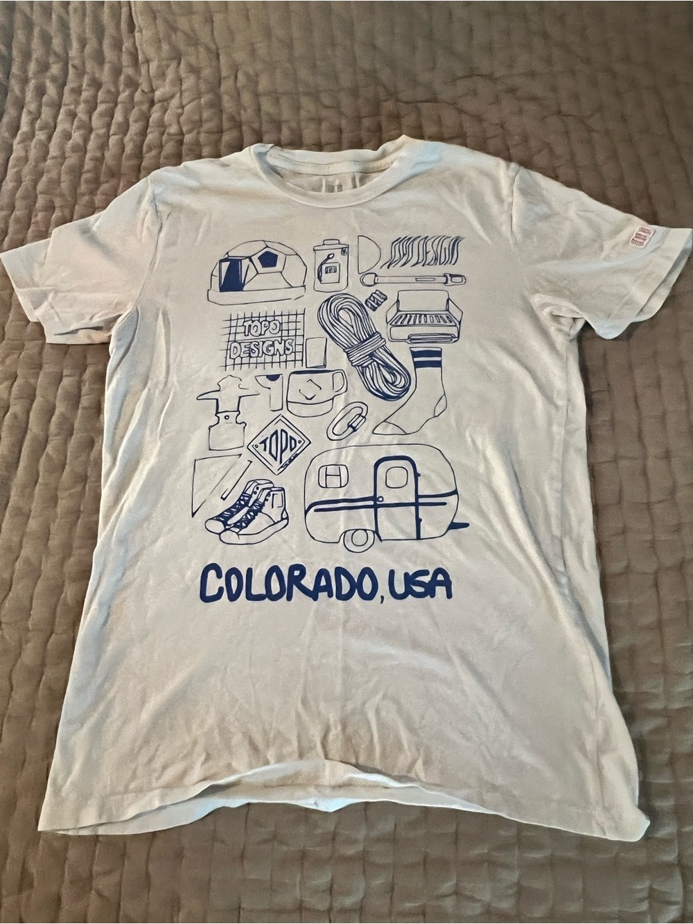 Topo Designs White Short Sleeve Tee with Blue Colorado Graphics